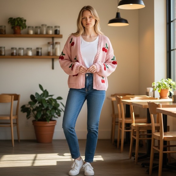 Altar'd State Sweaters - Altar'd State Cherry Embroidered Cardigan Women Medium Pink Chunky Knit Sweater